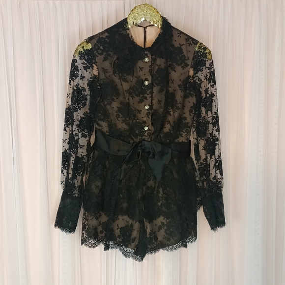 Vintage Pants - Vintage Black Sheer Sleeve Lace Romper size 8
